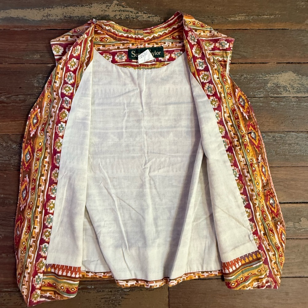 Vintage Scott Taylor Southwestern Aztec Tapestry Vest Boho Button Front~12💚🍄 - Picture 8 of 8